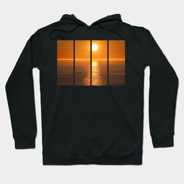 Wonderful landscapes in Norway. Nord-Norge. Beautiful scenery of a midnight sun sunset at Nordkapp (Cape North). Boat and globe on a cliff. Rippled sea and clear orange sky. Hoodie by fabbroni-art